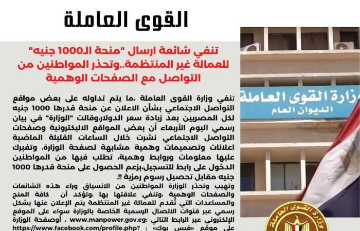 "القوى العاملة" تنفى إرسال منحة 1000 جنيه للعمالة غير المنتظمة