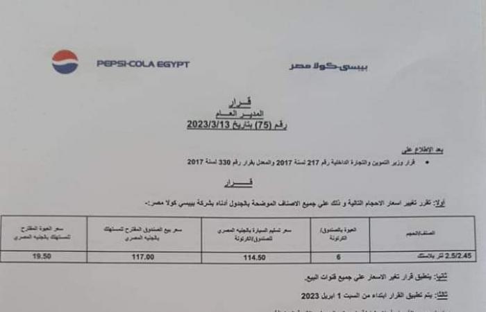 زيادة جديدة في أسعار بيبسيالأحد 19/مارس/2023 - 10:36 م
أعلنت شركة بيبسي كولا مصر اليوم الأحد، للزجاجة التي تبلغ قيمتها ١٨ جنيها إلى ١٩.٥٠ جنيه وذلك وفقا للمنشور المرسل إلى تجار المواد الغذائية بالغرفة التجارية. ويجرى تطبيق الزيادة الجديدة على البيبسي في ١ أبريل القادم على العبوة البلاستيك سعة ٢.٥ لتر. وكانت شركة المياه الغازية أعلنت عن خفض سعر منتجها