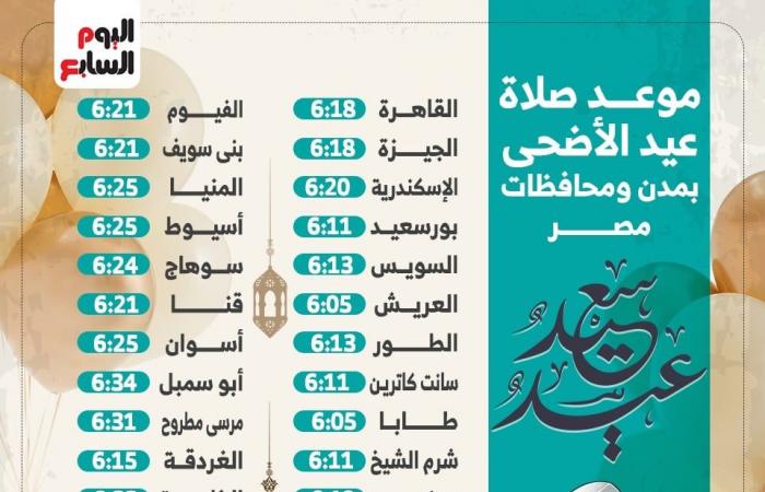 موعد صلاة عيد الأضحى 2024 بمدن ومحافظات مصر