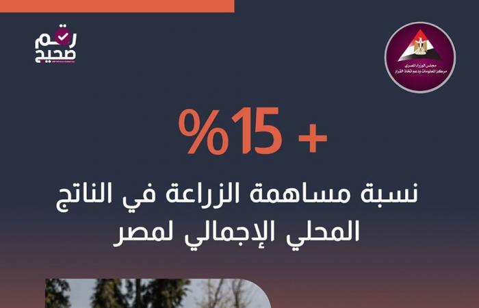 معلومات الوزراء يوضح نسبة مساهمة الزراعة في الناتج المحلي الإجمالي لمصر (إنفوجراف)الإثنين 21/أكتوبر/2024 - 04:06 ص
نشرت الصفحة الرسمية لـ مركز المعلومات ودعم اتخاذ القرار بمجلس الوزراء، اليوم، على موقع التواصل الاجتماعي فيسبوك إنفوجراف جديدا تحت عنوان (نسبة مساهمة الزراعة في الناتج المحلي الإجمالي لمصر).