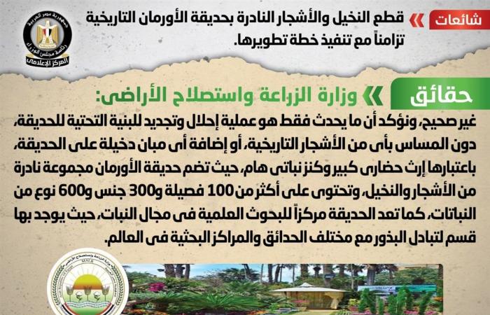 بيان عاجل للحكومة بشأن قطع النخيل والأشجار النادرة بحديقة الأورمان التاريخيةالإثنين 28/أكتوبر/2024 - 10:05 م
رصد المركز الإعلامي بمجلس الوزراء تداول بعض صفحات التواصل الاجتماعي أنباء بشأن قطع النخيل والأشجار النادرة بحديقة الأورمان التاريخية تزامنًا مع تنفيذ خطة تطويرها. وتواصل المركز الإعلامي لمجلس الوزراء مع وزارة الزراعة واستصلاح الأراضي، والتي نفت تلك الأنباء، مؤكدةً أنه لا صحة لقطع النخيل والأشجار النادرة