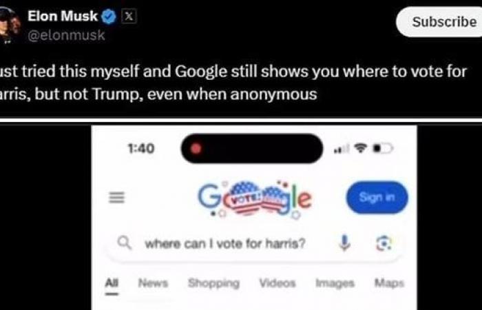 إيلون ماسك يتهم جوجل بالانحياز لصالح هاريس ضد ترامب (صور)الأربعاء 06/نوفمبر/2024 - 12:57 ص
حذر الملياردير الأمريكي، إيلون ماسك، في منشور على منصة إكس المملوكة له، من انحياز شركة جوجل لصالح المرشحة الديمقراطية كامالا هاريس، ضد المرشح الجمهوري دونالد ترامب.