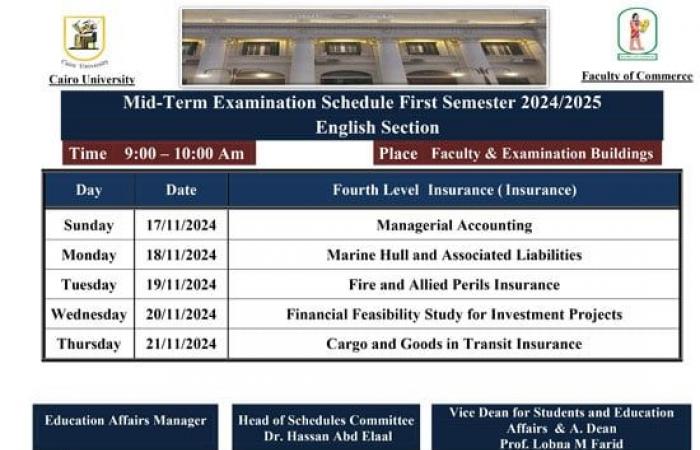 تنطلق 17 نوفمبر.. جدول امتحانات الميد تيرم لطلاب تجارة إنجليزى بجامعة القاهرة