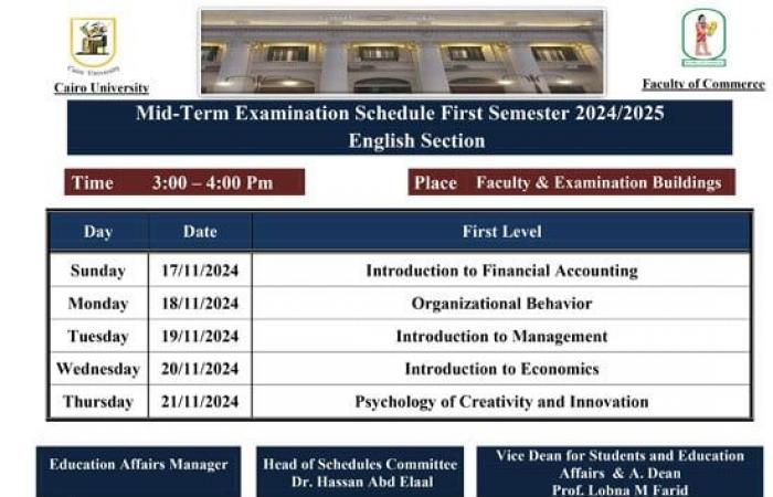 تنطلق 17 نوفمبر.. جدول امتحانات الميد تيرم لطلاب تجارة إنجليزى بجامعة القاهرة