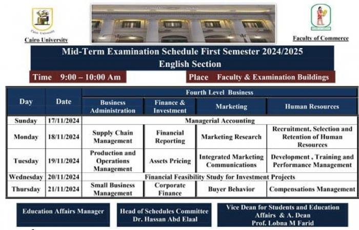 تنطلق 17 نوفمبر.. جدول امتحانات الميد تيرم لطلاب تجارة إنجليزى بجامعة القاهرة