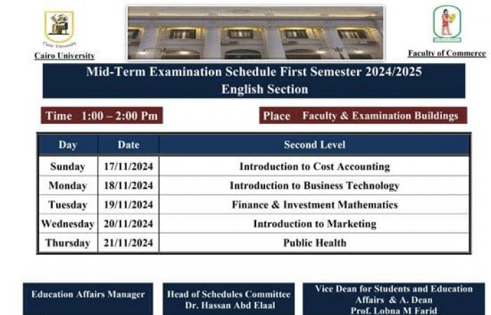 تنطلق 17 نوفمبر.. جدول امتحانات الميد تيرم لطلاب تجارة إنجليزى بجامعة القاهرة