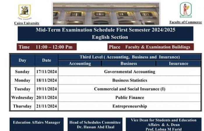 تنطلق 17 نوفمبر.. جدول امتحانات الميد تيرم لطلاب تجارة إنجليزى بجامعة القاهرة