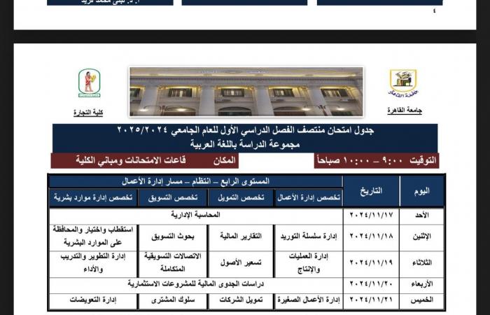 جداول امتحانات الميد تيرم لطلاب شعبة عربى بتجارة القاهرة