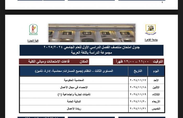 جداول امتحانات الميد تيرم لطلاب شعبة عربى بتجارة القاهرة