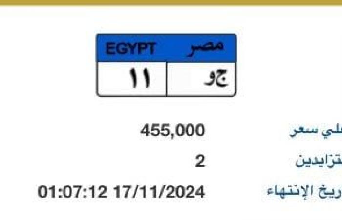 طرح لوحة مميزة بأرقام "ج و - 11" بسعر يقترب من نصف مليون جنيه