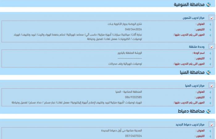 للباحثين عن تدريبات مجانية.. عناوين مراكز التدريب المهنى على مستوى الجمهورية