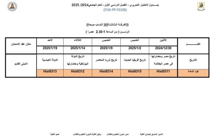 جدول امتحانات الفرقة الثالثة لكلية الآداب جامعة القاهرة انتساب 2024/2025