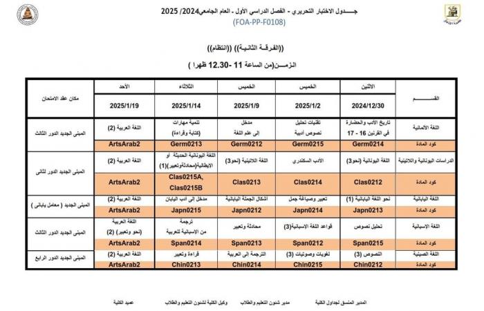 جدول امتحانات الفرقة الثانية بكلية الآداب جامعة القاهرة انتظام 2024/2025