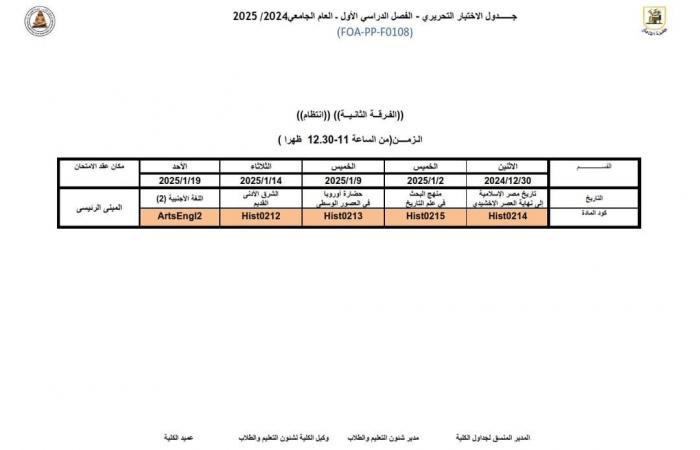 جدول امتحانات الفرقة الثانية بكلية الآداب جامعة القاهرة انتظام 2024/2025