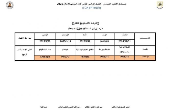 جدول امتحانات الفرقة الثانية بكلية الآداب جامعة القاهرة انتظام 2024/2025