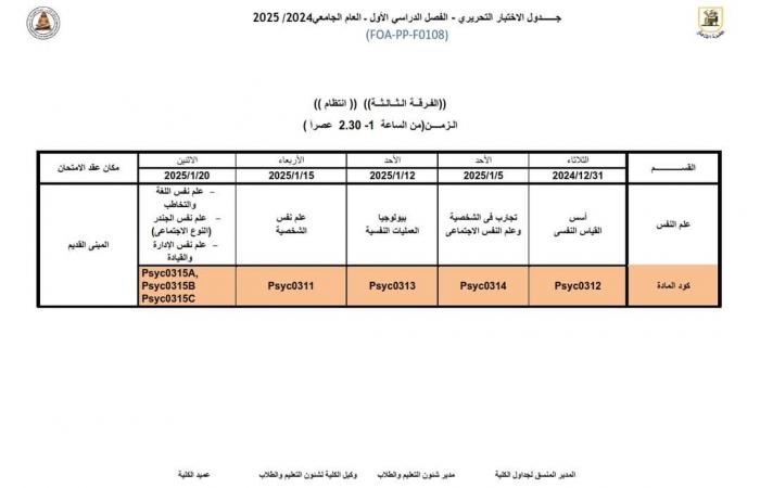 جدول امتحانات الفرقة الثالثة لكلية الآداب جامعة القاهرة 2024/2025