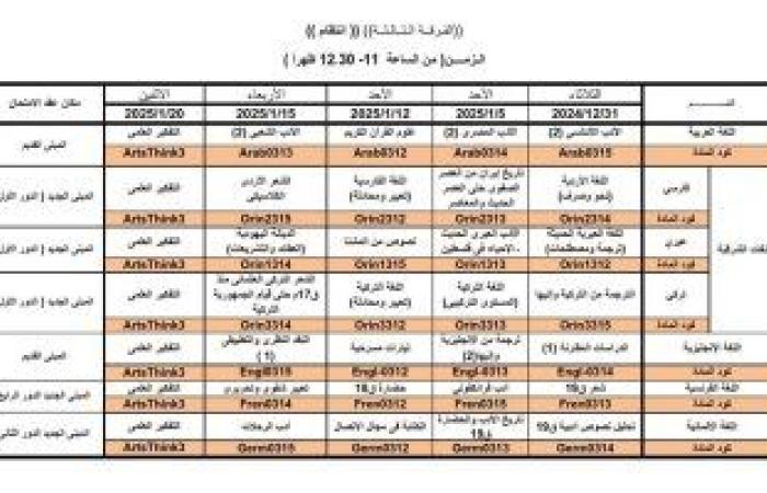 جدول امتحانات الفرقة الثالثة لكلية الآداب جامعة القاهرة 2024/2025