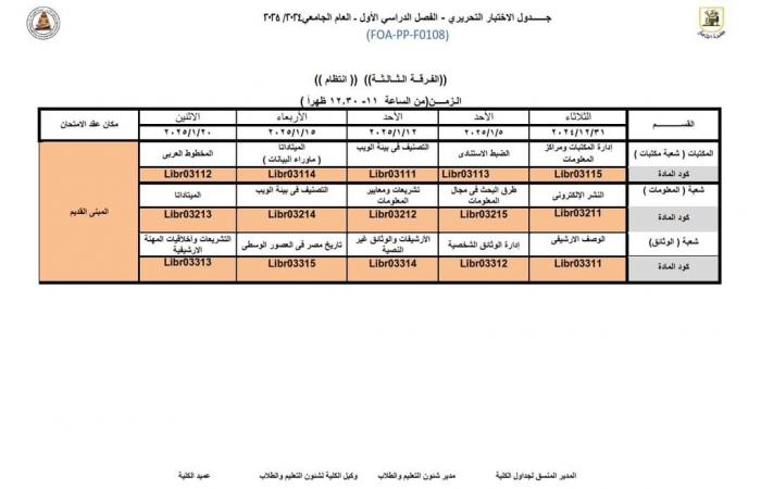 جدول امتحانات الفرقة الثالثة لكلية الآداب جامعة القاهرة 2024/2025