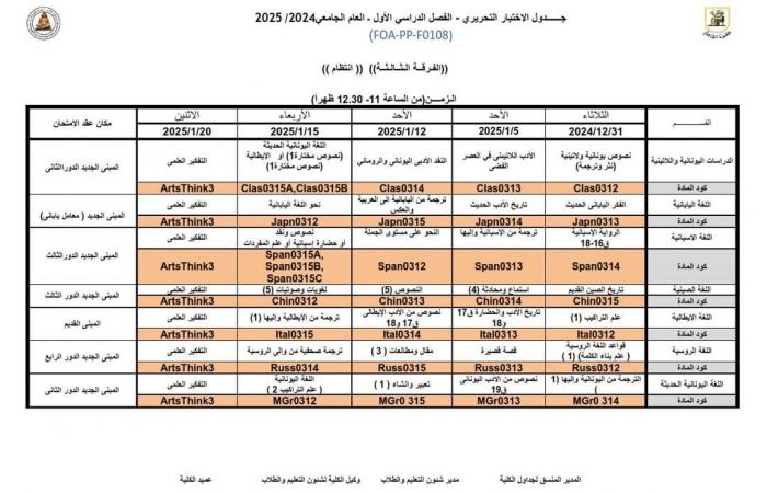 جدول امتحانات الفرقة الثالثة لكلية الآداب جامعة القاهرة 2024/2025