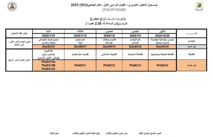 جدول امتحانات الفرقة الثالثة لكلية الآداب جامعة القاهرة 2024/2025