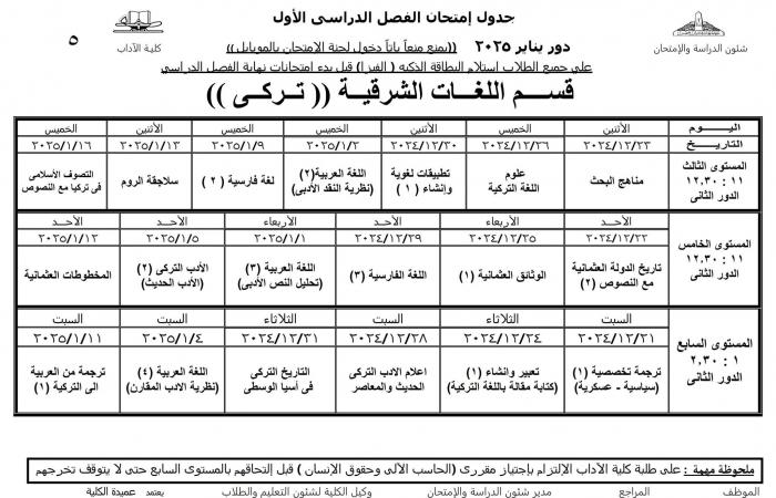 جدول امتحانات نظام الساعات المعتمدة لجميع أقسام كلية الآداب عين شمس