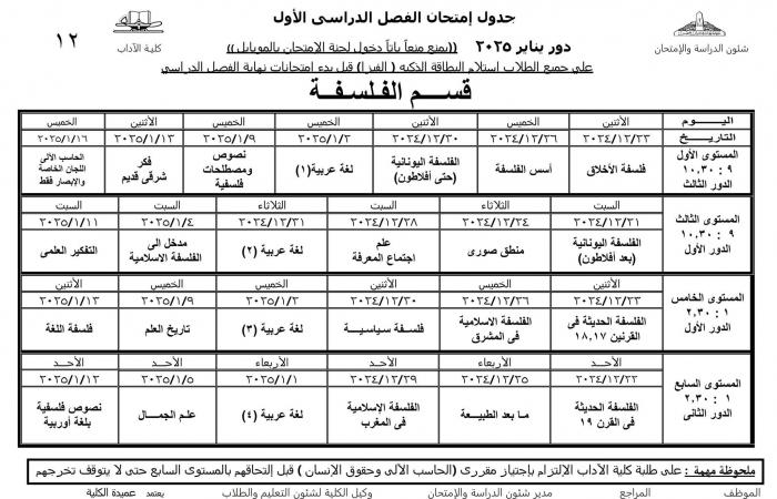 جدول امتحانات نظام الساعات المعتمدة لجميع أقسام كلية الآداب عين شمس