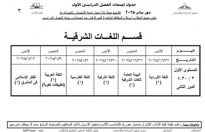 جدول امتحانات نظام الساعات المعتمدة لجميع أقسام كلية الآداب عين شمس