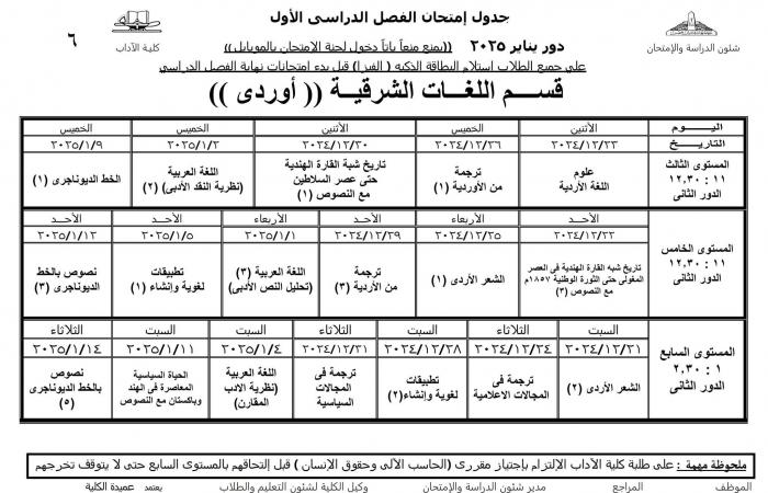 جدول امتحانات نظام الساعات المعتمدة لجميع أقسام كلية الآداب عين شمس