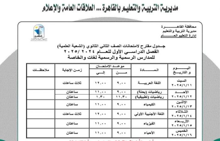 ننشر جدول امتحانات نصف العام لجميع الصفوف بمحافظة القاهرة