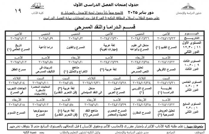 جدول امتحانات نظام الساعات المعتمدة لجميع أقسام كلية الآداب عين شمس