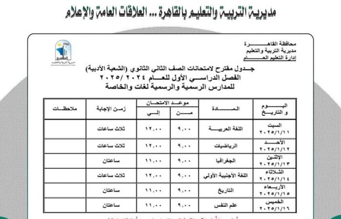 ننشر جدول امتحانات نصف العام لجميع الصفوف بمحافظة القاهرة