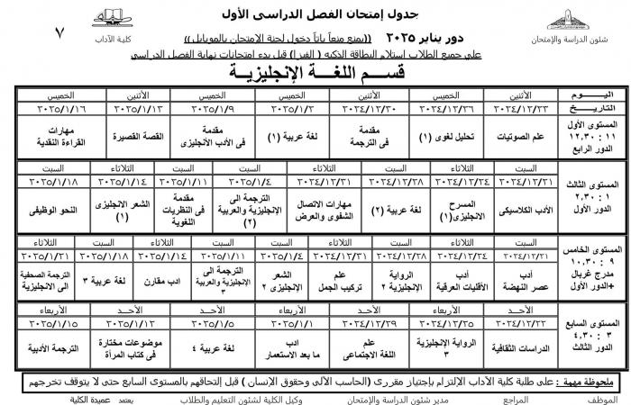 جدول امتحانات نظام الساعات المعتمدة لجميع أقسام كلية الآداب عين شمس