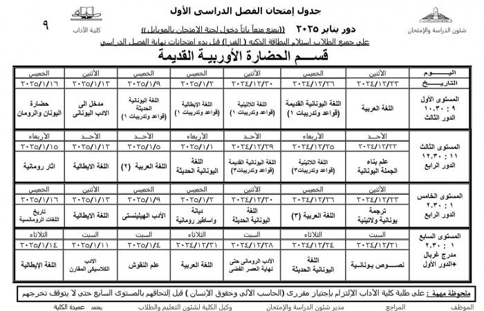 جدول امتحانات نظام الساعات المعتمدة لجميع أقسام كلية الآداب عين شمس