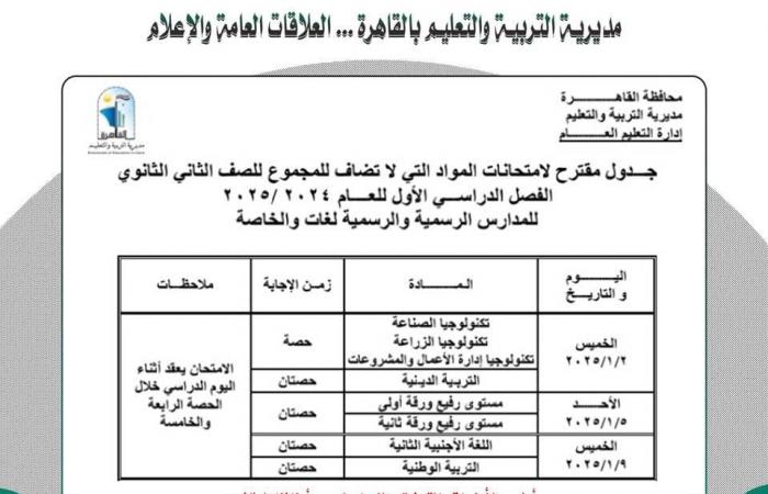 ننشر جدول امتحانات نصف العام لجميع الصفوف بمحافظة القاهرة