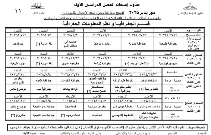 جدول امتحانات نظام الساعات المعتمدة لجميع أقسام كلية الآداب عين شمس