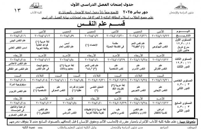 جدول امتحانات نظام الساعات المعتمدة لجميع أقسام كلية الآداب عين شمس