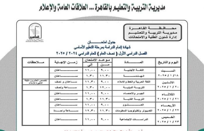 جدول امتحانات الشهادة الإعدادية 2025 بمحافظة القاهرةالإثنين 23/ديسمبر/2024 - 01:11 ص
بدأ عدد كبير من أولياء الأمور وطلاب الشهادة الاعدادية 2025 ، في البحث عبر محركات البحث المختلفة عن جدول امتحانات الفصل الدراسي الأول للعام الدراسي الحالي 2024-2025 محافظة القاهرة. امتحانات الشهادة الإعدادية الترم الأول واعتمد الدكتور إبراهيم صابر، محافظ القاهرة، الخريطة الزمنية لجداول امتحانات الفصل