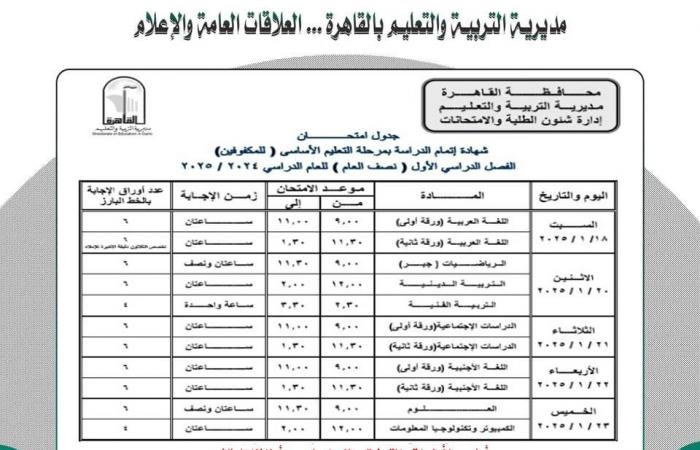 جدول امتحانات الشهادة الإعدادية 2025 بمحافظة القاهرةالإثنين 23/ديسمبر/2024 - 01:11 ص
بدأ عدد كبير من أولياء الأمور وطلاب الشهادة الاعدادية 2025 ، في البحث عبر محركات البحث المختلفة عن جدول امتحانات الفصل الدراسي الأول للعام الدراسي الحالي 2024-2025 محافظة القاهرة. امتحانات الشهادة الإعدادية الترم الأول واعتمد الدكتور إبراهيم صابر، محافظ القاهرة، الخريطة الزمنية لجداول امتحانات الفصل