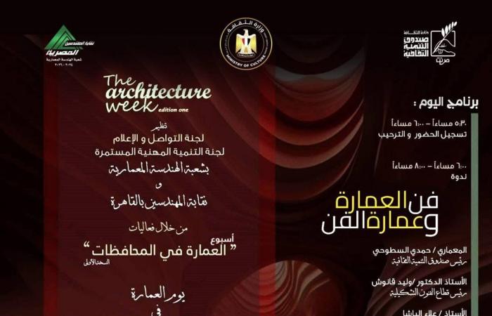 فن العمارة وعمارة الفن، أمسية ثقافية في مركز الجزيرة للفنونالخميس 26/ديسمبر/2024 - 12:30 م
تنظم وزارة الثقافة المصرية عبر قطاع صندوق التنمية الثقافية، بالتعاون مع قطاع الفنون التشكيلية ونقابة المهندسين، أمسية ثقافية بعنوان "فن العمارة.. وعمارة الفن"، وذلك ضمن فعاليات أسبوع العمارة الذي تقيمه شعبة العمارة بنقابة المهندسين، حيث تُقام الأمسية في السابعة مساء اليوم الخميس 26 ديسمبر الجاري بمركز