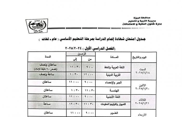 جدول امتحان الفصل الدراسى الأول لطلاب الشهادة الإعدادية فى الجيزة