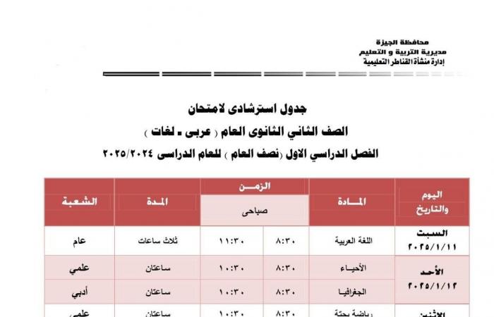 جدول امتحانات الفصل الدراسى الأول بمدارس إدارة منشأة القناطر التعليمية بالجيزة