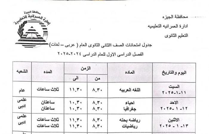 جدول امتحانات الفصل الدراسى الأول بمدارس إدارة العمرانية التعليمية