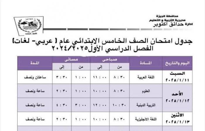 جدول امتحانات الفصل الدراسى الأول بمدارس إدارة حدائق أكتوبر التعليمية