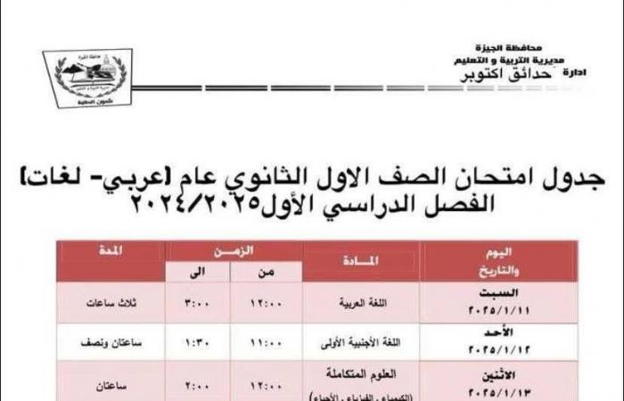 جدول امتحانات الفصل الدراسى الأول بمدارس إدارة حدائق أكتوبر التعليمية