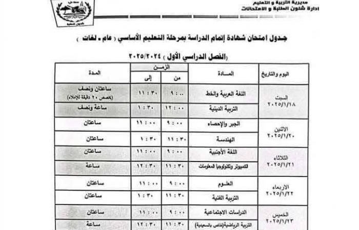 جدول امتحانات الفصل الدراسى الأول بمدارس إدارة حدائق أكتوبر التعليمية