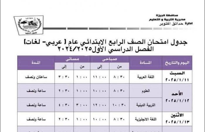 جدول امتحانات الفصل الدراسى الأول بمدارس إدارة حدائق أكتوبر التعليمية