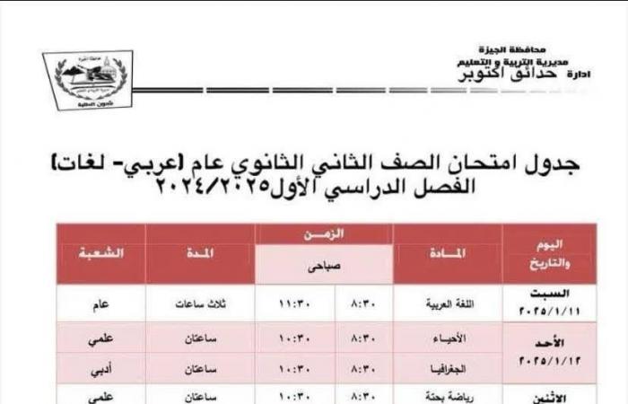 جدول امتحانات الفصل الدراسى الأول بمدارس إدارة حدائق أكتوبر التعليمية