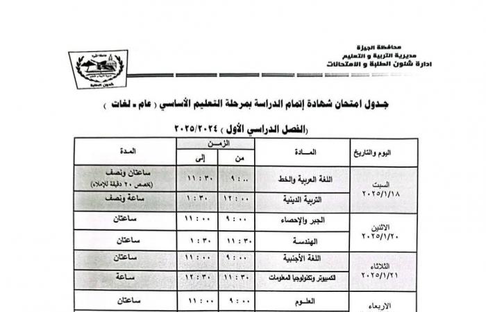 جدول امتحانات الفصل الدراسى الأول لطلاب الصف الثالث الإعدادى فى الجيزة