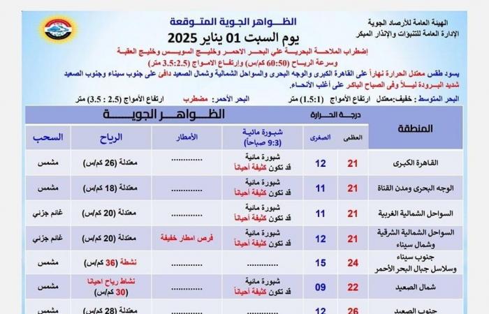 تغير مفاجئ واضطرابات، تحذير شديد من الأرصاد بشأن تقلبات طقس اليومالسبت 01/فبراير/2025 - 07:09 ص
الطقس اليوم السبت، أصدرت الهيئة العامة للأرصاد الجوية ، تحذيرًا شديدًا بشأن حالة الطقس اليوم السبت 1 فبراير 2025، مؤكدة أن اليوم يشهد اضطراب في الملاحة البحرية وأمطار ورياح وشبورة مائية كثيفة. اضطراب حركة الملاحة البحرية وقالت هيئة الأرصاد في بيانها، تحذير، يشهد طقس اليوم السبت اضطرابًا في الملاحة