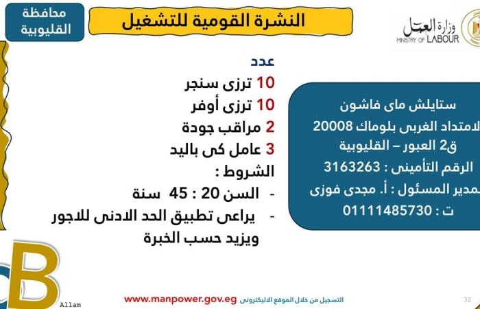 وزارة العمل: توفير 1575 فرصة عمل جديدة 12 محافظةالإثنين 03/فبراير/2025 - 10:01 ص
أصدرت وزارة العمل اليوم الإثنين، نشرة التوظيف نصف الشهرية ،التي تُعلن فيها عن فرص عمل جديدة في المحافظات ،تنسيقًا مع شركات القطاع الخاص.